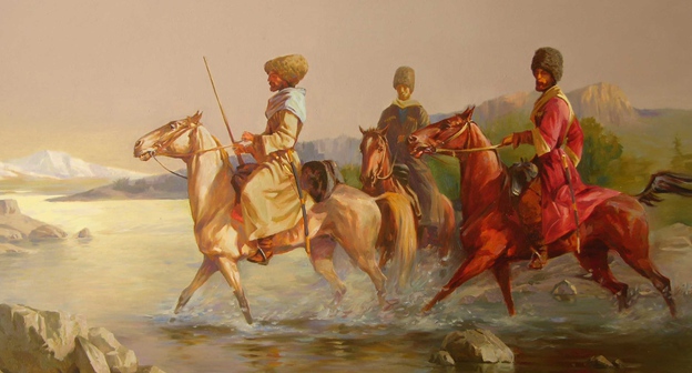 "В походе". Художник Мухамед Хахандуков. http://fond-adygi.ru/page/mnogogrannyj-mir-muhameda-hahandukova