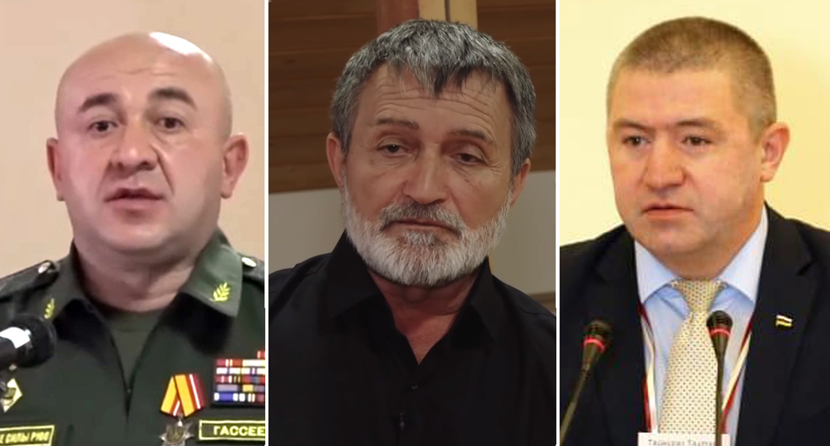 Ибрагим Гассеев, Гено Каджаев, Таймуразу Тадтаеву. Фото: кадр виедо Телекомпания Абаза-ТВ https://www.youtube.com/watch?v=EYxQTXEdLQs&t=152s ; ГТРК Ир https://www.youtube.com/watch?v=0nqk-ObeNik; https://ugo-osetia.ru/politika/итог-многолетней-освободительной-бо