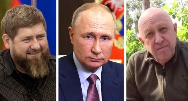 Рамзан Кадыров, Владимир Путин, Евгений Пригожин. Фото: "Грозный-Информ" https://www.grozny-inform.ru, Kremlin.ru, CC BY 4.0, https://commons.wikimedia.org/w/index.php?curid=129800993, телеграм-канал "Кепка Пригожина" https://t.me/Prigozhin_hat/3624, коллаж "Кавказского узла".