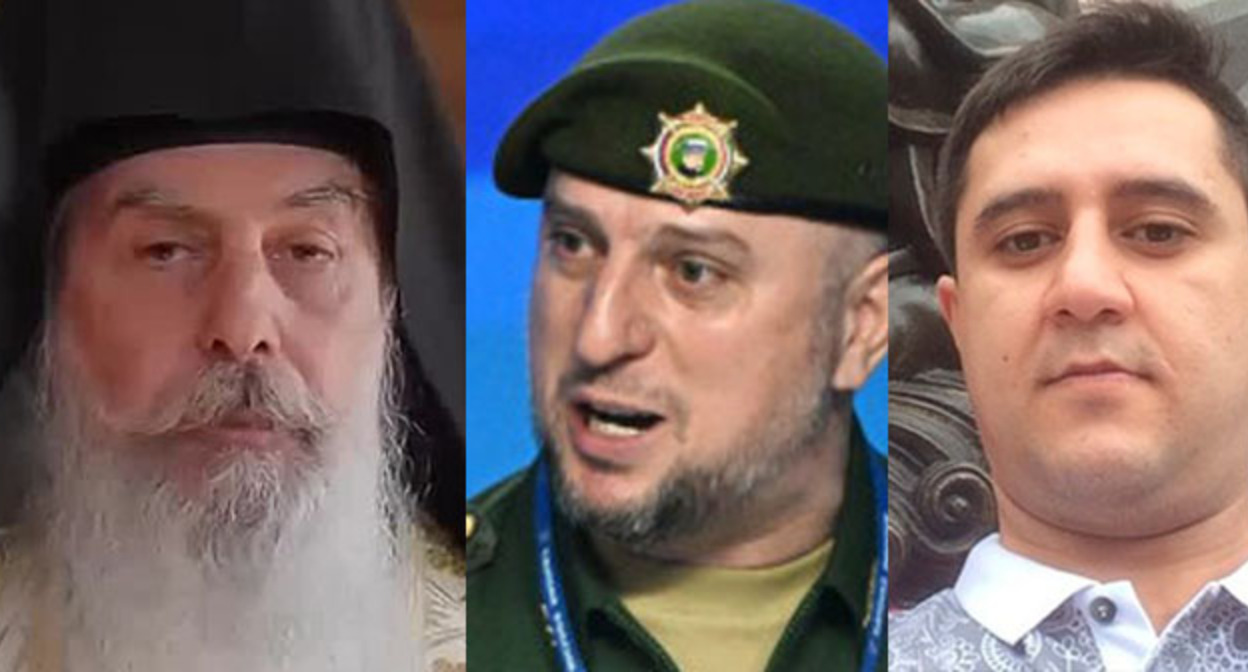 Схиигумен Гавриил, Апти Алаудинов, Арег Щепихин (слева направо). Коллаж "Кавказского узла". Фото: https://grozny.tv/news/army/65926, личная страница Арега Щепихин вКонтакте, скриншот видео проповеди схиигумена Гавриила